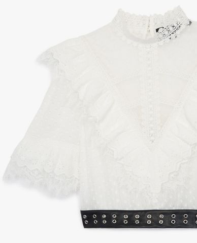  THE KOOPLES - Áo kiểu nữ cổ trụ phối bèo Ecru Embroidered 