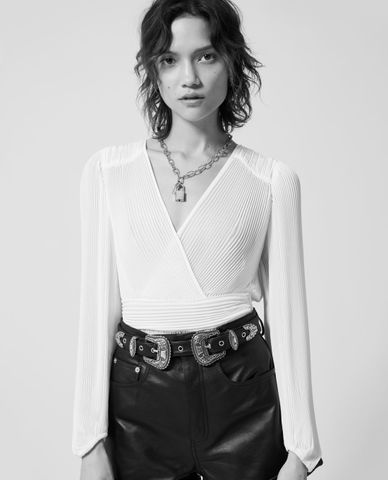  THE KOOPLES - Áo kiểu nữ dáng quấn cổ V Pleated Ecru Wrap 