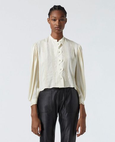  THE KOOPLES - Áo kiểu nữ cổ trụ tay dài Flowing Ecru With Snakeskin Motif 