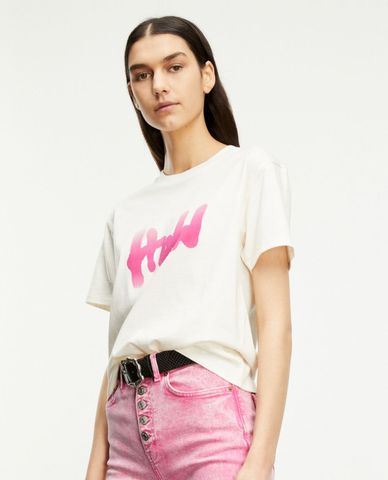  THE KOOPLES - Áo thun nữ cổ tròn tay ngắn Pink How Slogan 