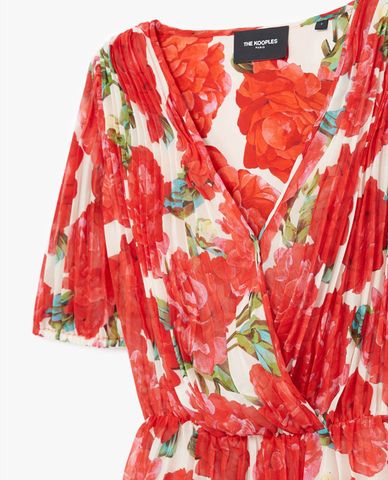  THE KOOPLES - Đầm mini ngắn tay cổ V Red Floral Print 