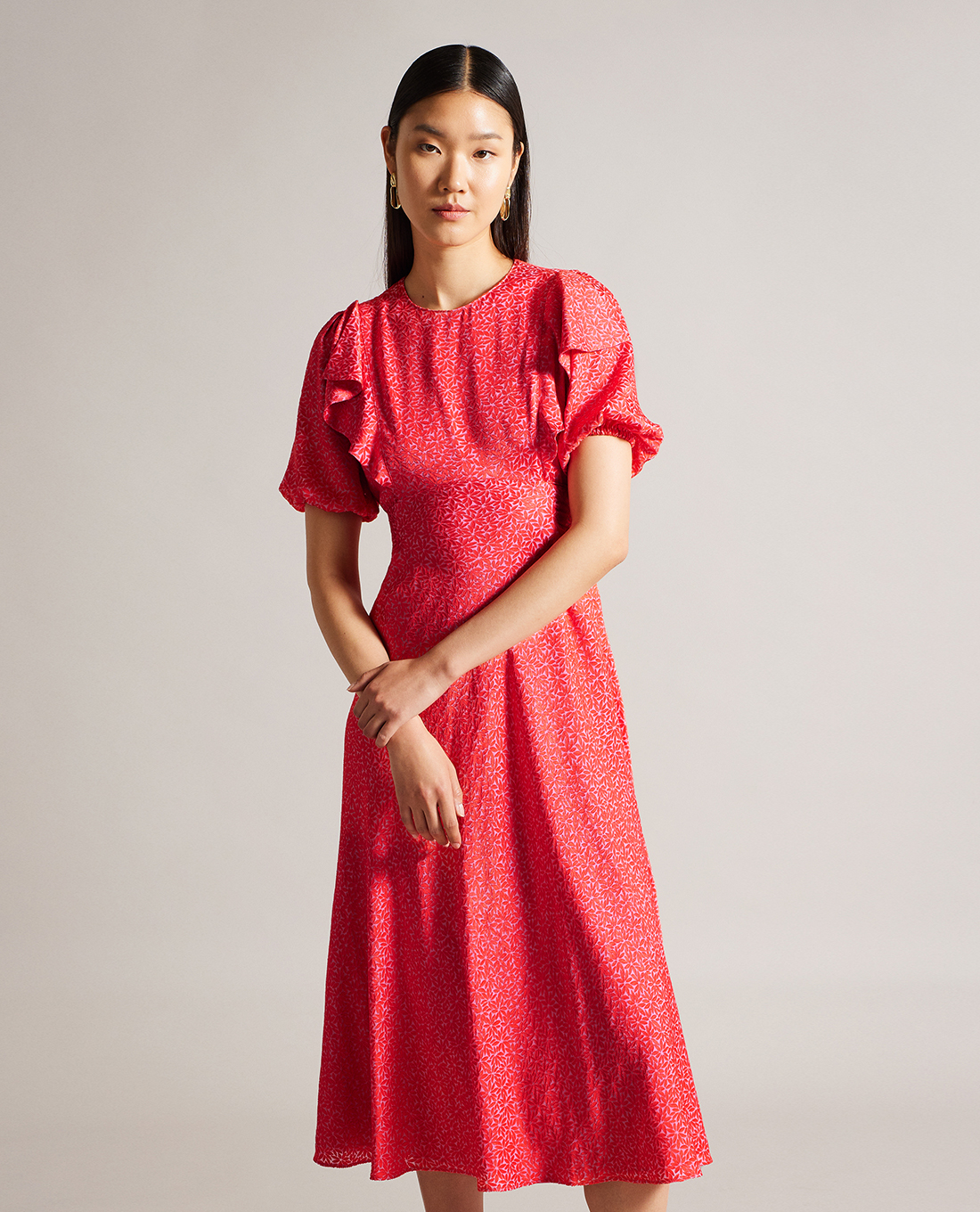 TED BAKER - Đầm xếp li midi ngắn tay cổ tròn Mayyia