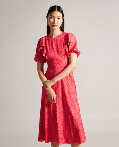  TED BAKER - Đầm xếp li midi ngắn tay cổ tròn Mayyia 