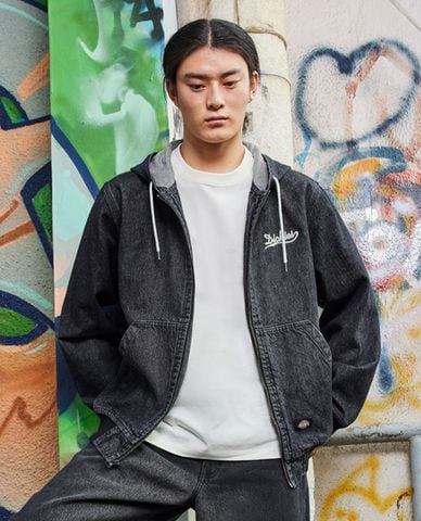  DICKIES - Áo khoác denim unisex phối mũ tay dài 