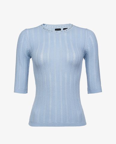  PINKO - Áo len nữ cổ tròn ngắn tay phom ôm tôn dáng 