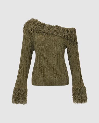  URBAN REVIVO - Áo trễ vai nữ dệt kim tay dài phom ôm One Shoulder 