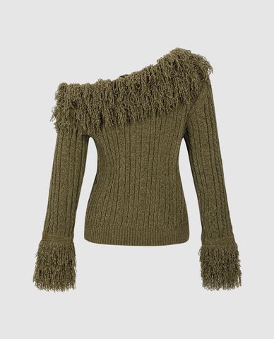  URBAN REVIVO - Áo trễ vai nữ dệt kim tay dài phom ôm One Shoulder 