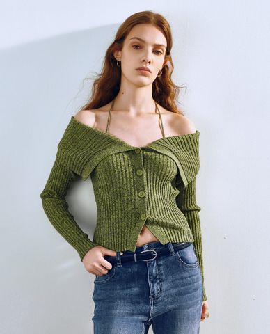  URBAN REVIVO - Áo trễ vai nữ dệt kim phom ôm Halter 