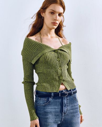  URBAN REVIVO - Áo trễ vai nữ dệt kim phom ôm Halter 