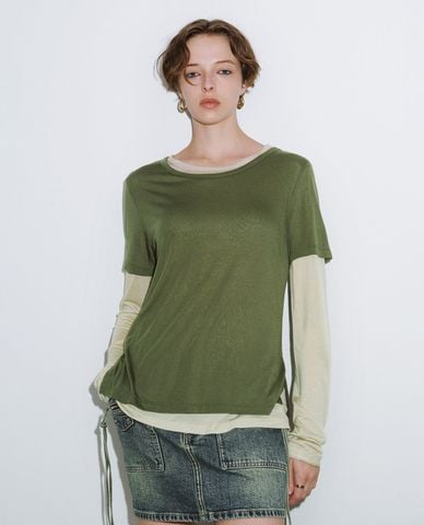  URBAN REVIVO - Áo thun nữ cổ tròn tay dài 2 In 1 Straight 