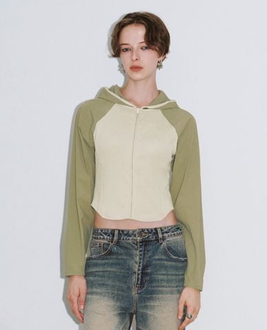  URBAN REVIVO - Áo khoác croptop nữ phối mũ trùm Zipper Front 