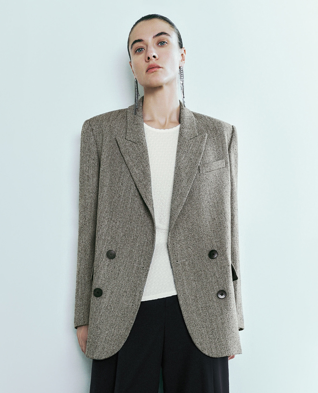 URBAN REVIVO - Áo khoác blazer nữ cổ V tay dài Double Breasted Loose