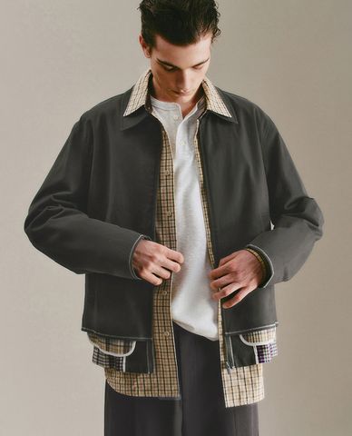  URBAN REVIVO - Áo khoác sơ mi nam kẻ caro phối zip 