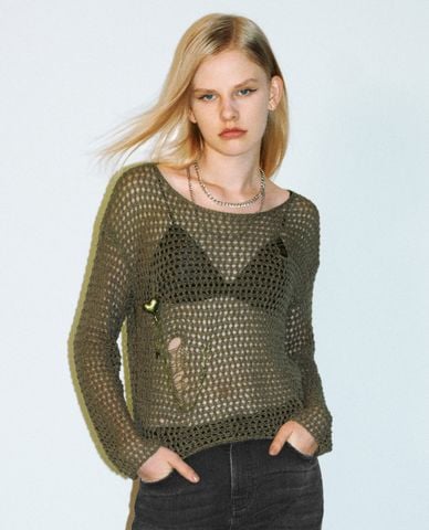  URBAN REVIVO - Áo dệt kim nữ dạng lưới cổ tròn dài tay xuyên thấu 