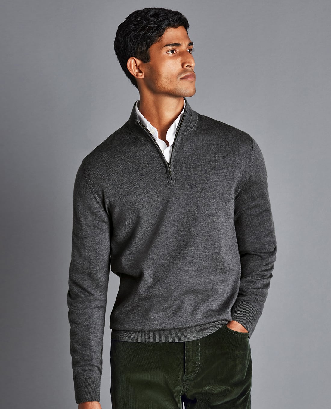 CHARLES TYRWHITT - Áo dệt kim nam cổ trụ tay dài Merino Zip
