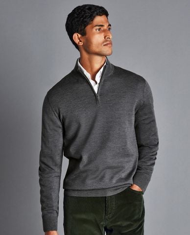  CHARLES TYRWHITT - Áo dệt kim nam cổ trụ tay dài Merino Zip 