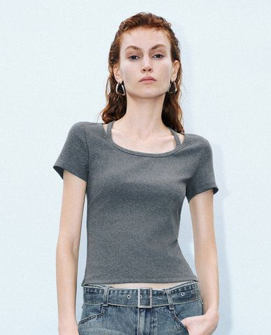  URBAN REVIVO - Áo thun nữ cổ tròn tay ngắn Halter Neck 