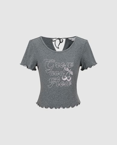  URBAN REVIVO - Áo croptop nữ cổ tròn tay ngắn hở lưng 