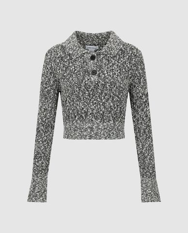  URBAN REVIVO - Áo croptop nữ dệt kim cổ bẻ tay dài Button Half Placket 