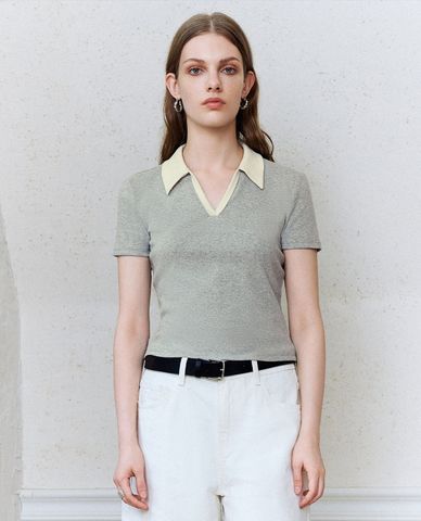  URBAN REVIVO - Áo thun nữ cổ bẻ tay ngắn thanh lịch 