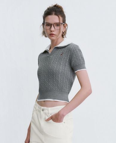  URBAN REVIVO - Áo polo nữ dệt kim cổ bẻ tay ngắn 