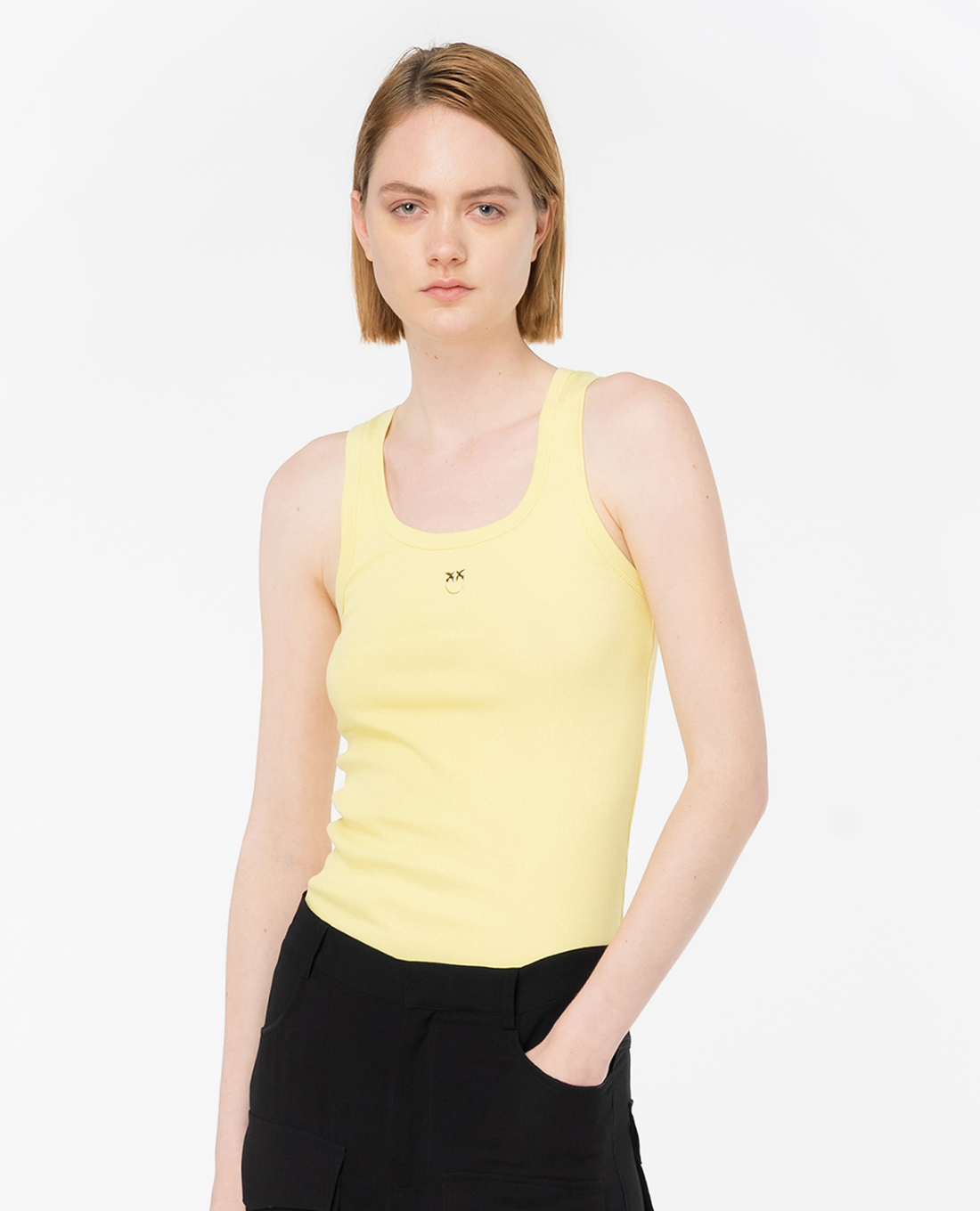 PINKO - Áo sát nách cổ tròn phom ôm trang trí logo nhỏ Calcolatore