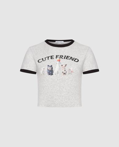  URBAN REVIVO - Áo croptop nữ cổ tròn tay ngắn in hoạ tiết 