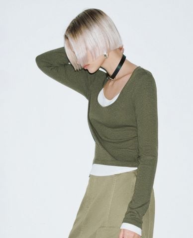  URBAN REVIVO - Áo thun nữ cổ vuông tay dài 2 In 1 