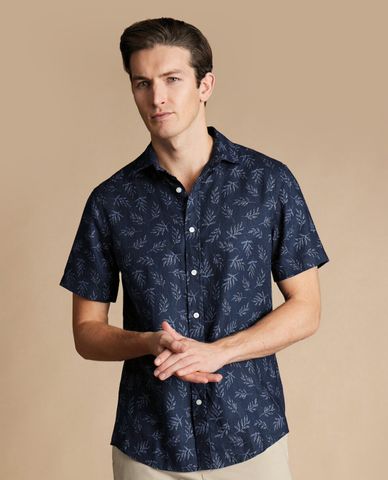  CHARLES TYRWHITT - Áo sơ mi nam cổ bẻ tay ngắn Pure Linen Leaf Print 