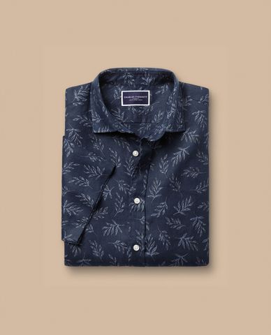  CHARLES TYRWHITT - Áo sơ mi nam cổ bẻ tay ngắn Pure Linen Leaf Print 
