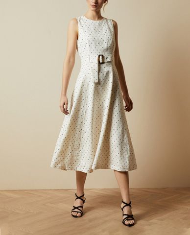  TED BAKER - Đầm midi cổ tròn phối thắt lưng Caryla Spotted ALine 