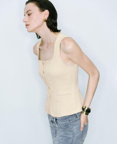  URBAN REVIVO - Áo sát nách nữ cổ vuông Denim 