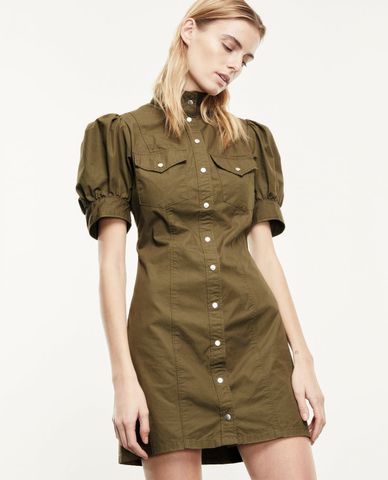  THE KOOPLES - Đầm mini cổ trụ tay phồng Shirt Style Buttoned Khaki 