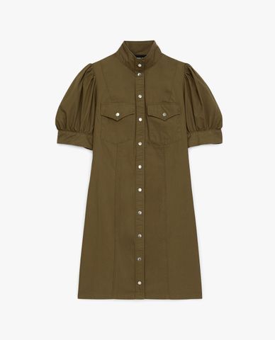  THE KOOPLES - Đầm mini cổ trụ tay phồng Shirt Style Buttoned Khaki 
