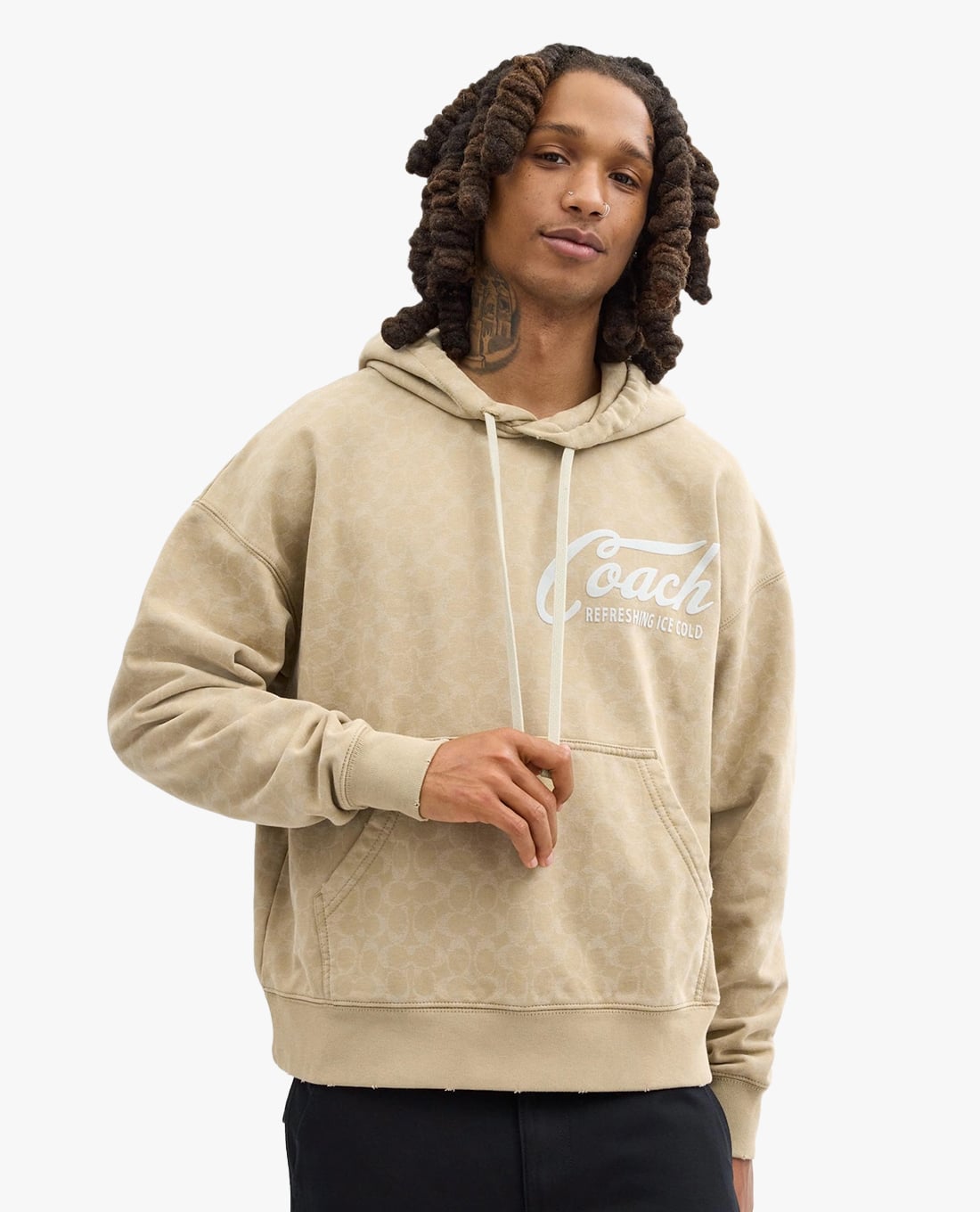 COACH - Áo hoodie nam cổ phối mũ dây rút hoạ tiết monogram Americana