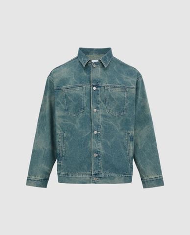  URBAN REVIVO - Áo khoác denim nam cổ bẻ tay dài Distressed Button Up 