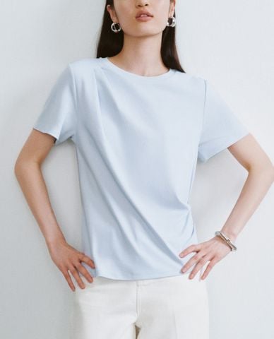  URBAN REVIVO - Áo thun nữ cổ tròn tay ngắn vạt xéo 