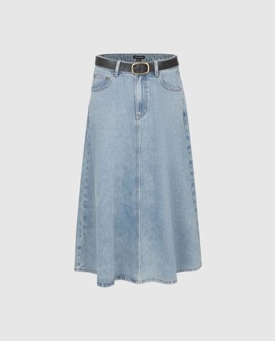  URBAN REVIVO - Váy denim midi phối thắt lưng 