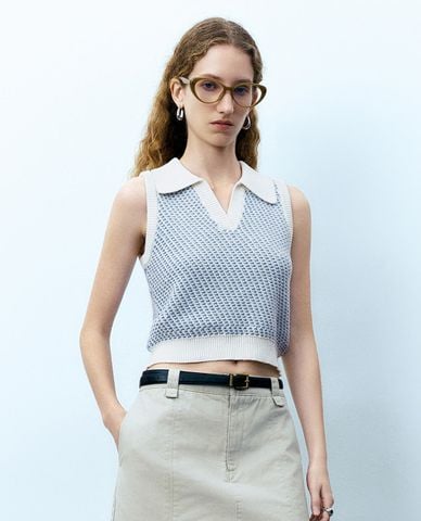  URBAN REVIVO - Áo sát nách nữ cổ bẻ phối màu cá tính 