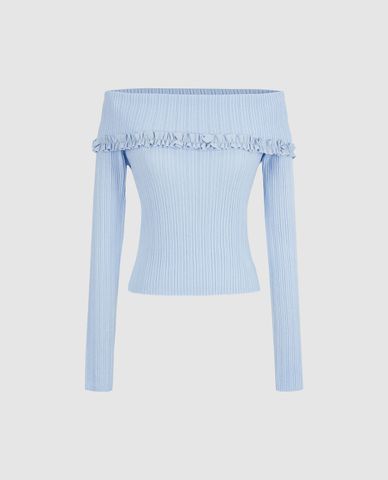  URBAN REVIVO - Áo trễ vai tay dài phối bèo nhún nữ tính 