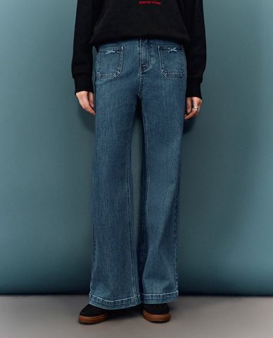  URBAN REVIVO - Quần jeans nữ ống rộng hiện đại 