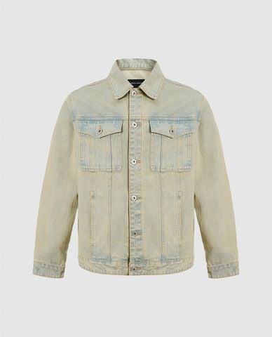  URBAN REVIVO - Áo khoác denim nam cổ bẻ tay dài wash bạc Button Up Loose 