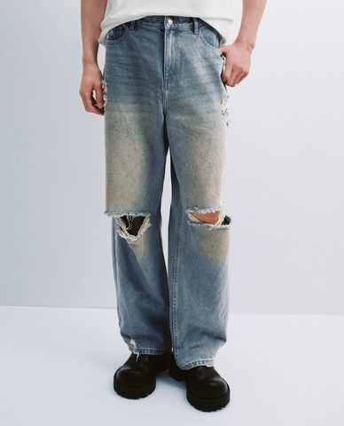  URBAN REVIVO - Quần jeans nam ống đứng rách gối 
