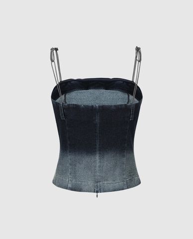  URBAN REVIVO - Áo hai dây nữ denim wash bạc cá tính 