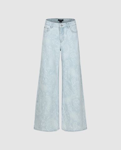  URBAN REVIVO - Quần jeans nữ ống rộng phối họa tiết 