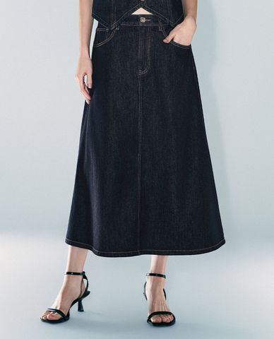  URBAN REVIVO - Chân váy chữ A denim phom midi A-Line 