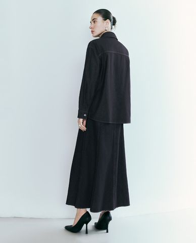  URBAN REVIVO - Áo sơ mi denim nữ cổ bẻ tay dài Button Up Loose 