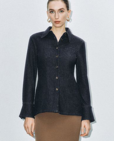  URBAN REVIVO - Áo sơ mi denim nữ cổ bẻ tay dài Flared 