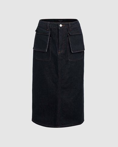  URBAN REVIVO - Chân váy denim midi phối túi hộp 
