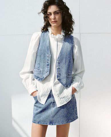  URBAN REVIVO - Áo khoác gilet nữ denim hiện đại 